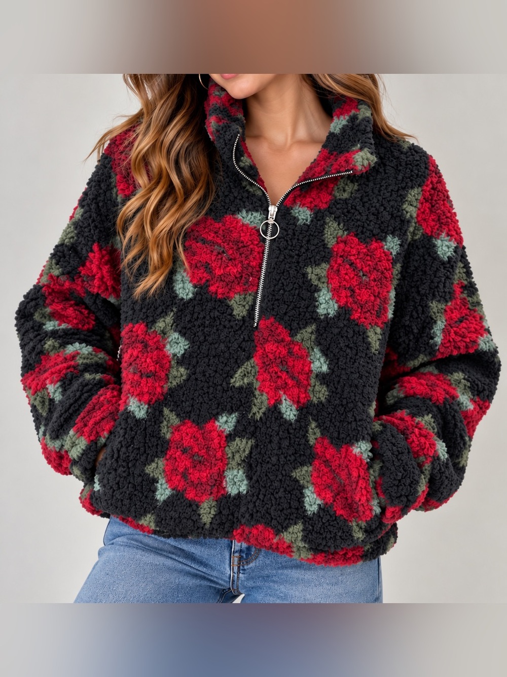 Hollister Red Rose Floral Sherpa Fleece 1/4 Zip Pullover Sweatshirt Size L